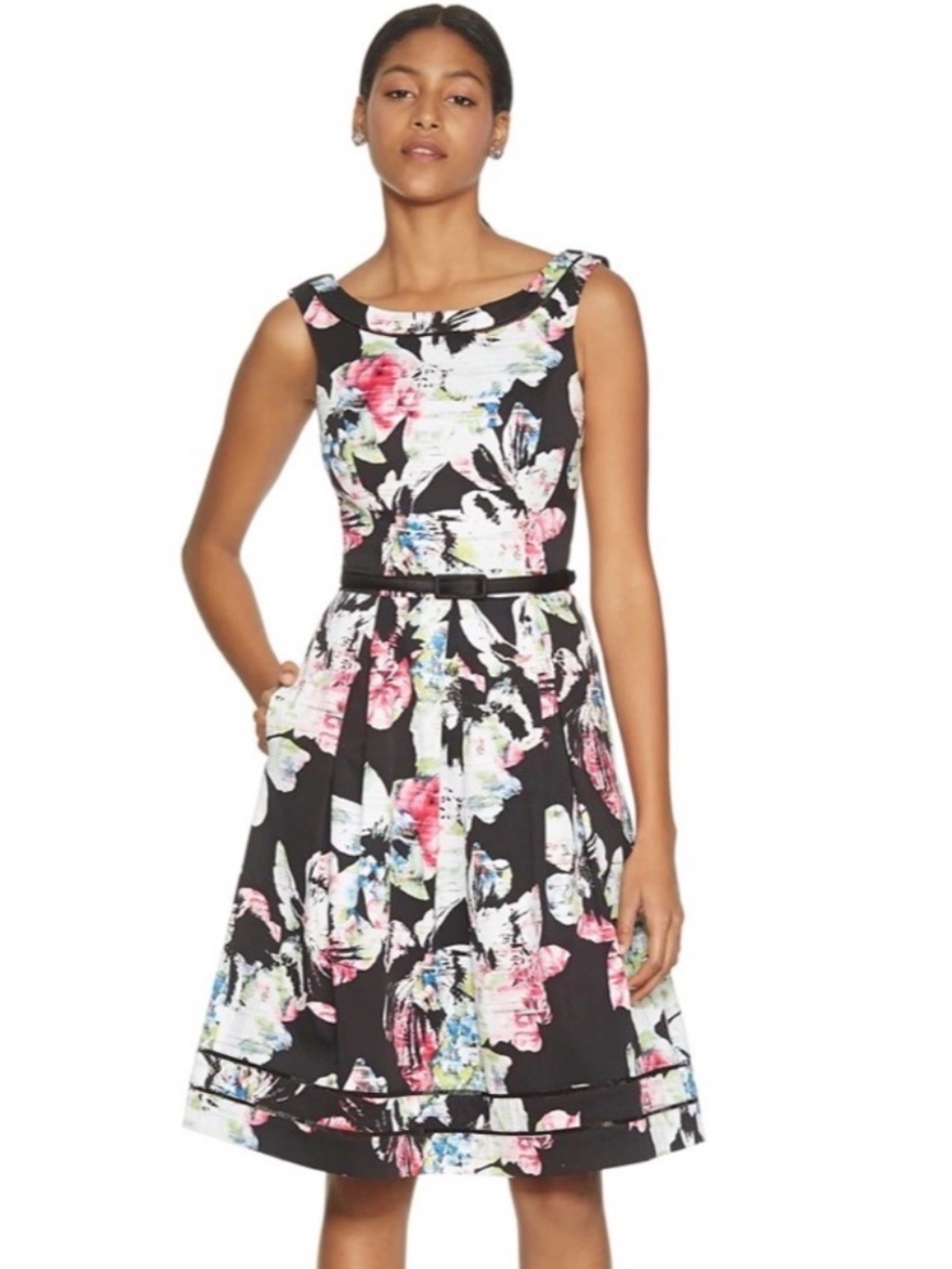 White House Black Market Black Floral Fit-and-Flare Dress Size 10 EUC